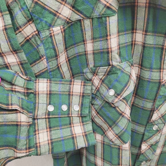 Wrangler Western Shirt 2XL Pearl Snap Flannel Wrancher Green Plaid Cotton XXL - Picture 2 of 4
